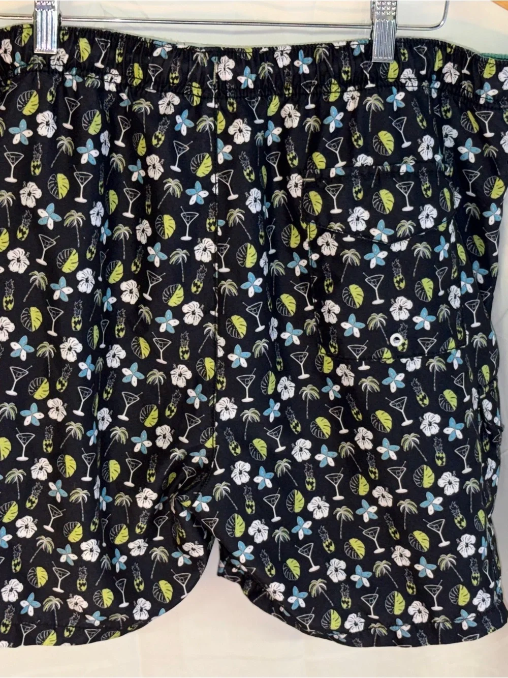 Tommy Bahama Black Swim Trunks with White, Blue and Lime Tropical Print